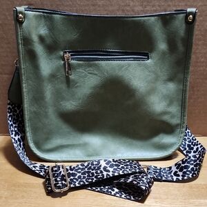 Olive Green Crossbody Shoulder Bag with Leopard Print Strap